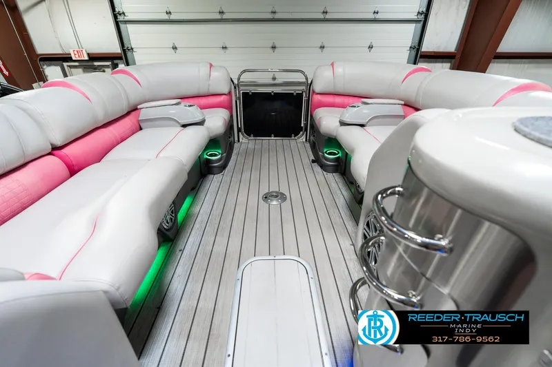 Slide: The Image of Luxurious interior of 2019 Avalon Ambassador 27' pontoon boat with plush seating. - 22