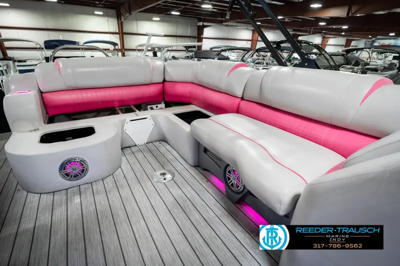 Slide: The Image of Luxurious 2019 Avalon Ambassador 27' boat interior with pink and gray seating. - 35