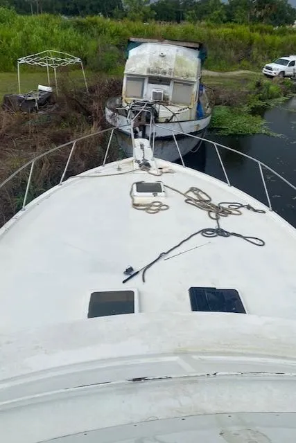Slide: The Image of 1984 Post 43 Sport Fisherman boat docked near overgrown vegetation and a parked vehicle. - 21