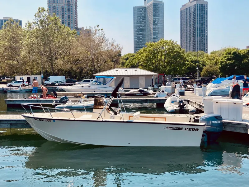 The Image of 1987 Custom Biddison 2200 boat docked at marina with city skyline in background. - 0