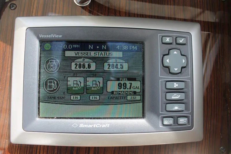 Slide: The Image of SmartCraft VesselView display on 2014 Cruisers Yachts 350 Express, showing vessel status and fuel data. - 16