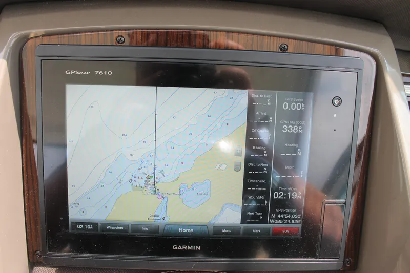 Slide: The Image of Garmin GPS display on 2014 Cruisers Yachts 350 Express showing navigation map and data. - 17
