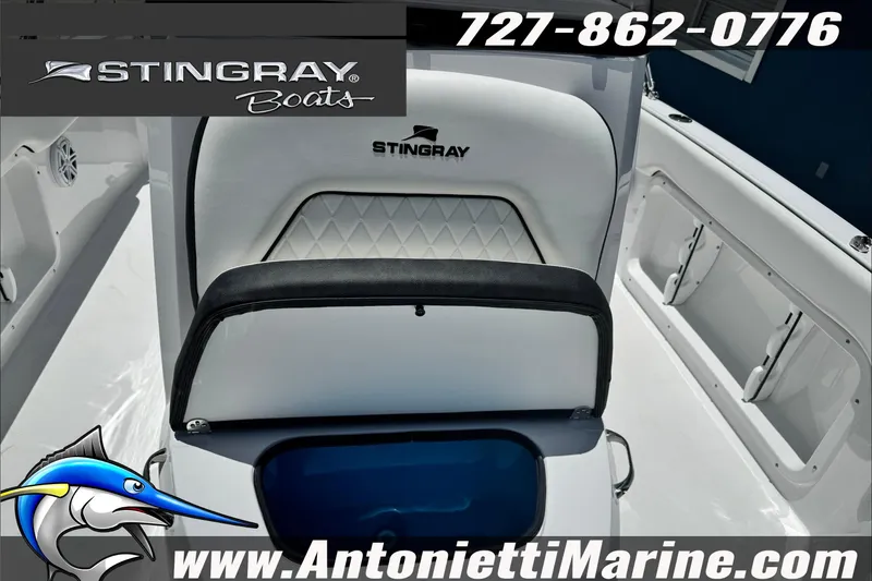 Slide: The Image of 2026 Stingray 206 CC boat seat with logo, contact info, and website details. - 20