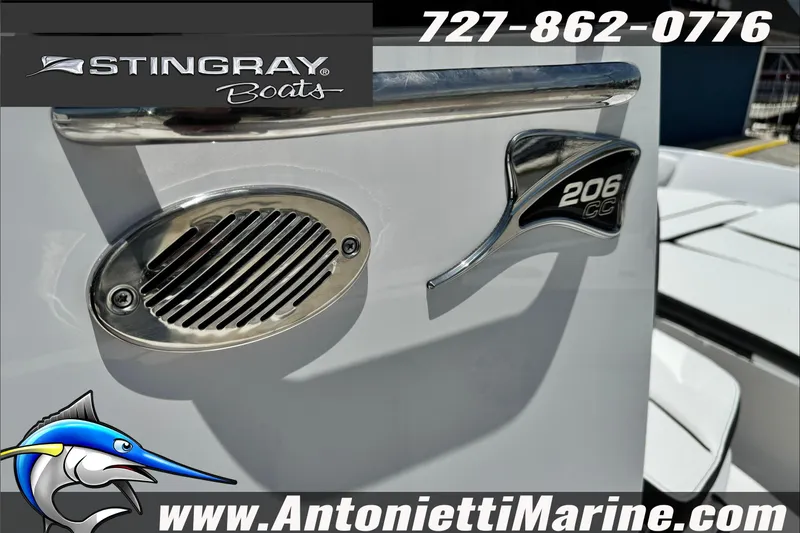 Slide: The Image of 2026 Stingray 206 CC boat detail with logo and contact information. - 24