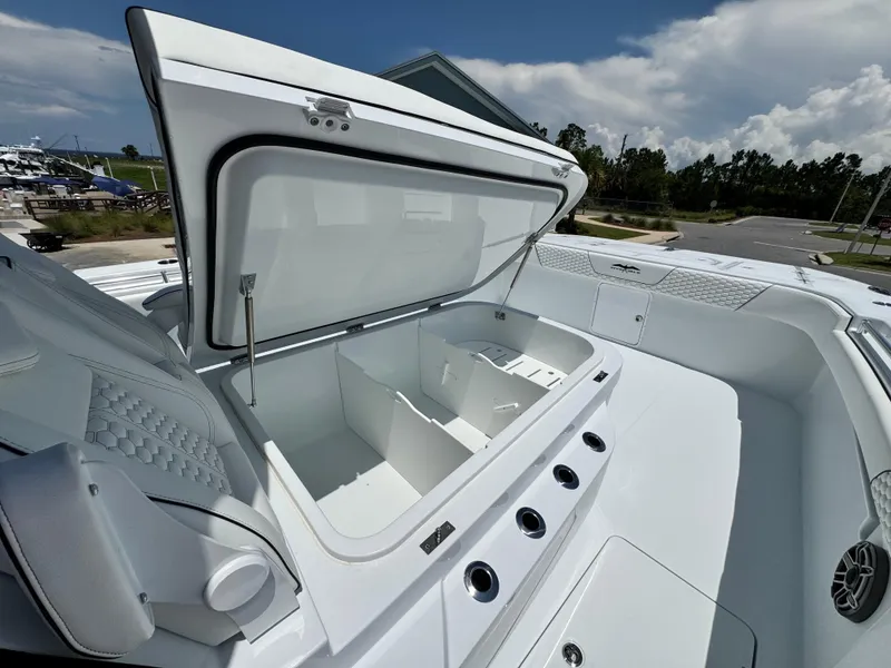 Slide: The Image of 2026 Invincible 38 Catamaran with open storage compartment, showcasing sleek design and functionality. - 32