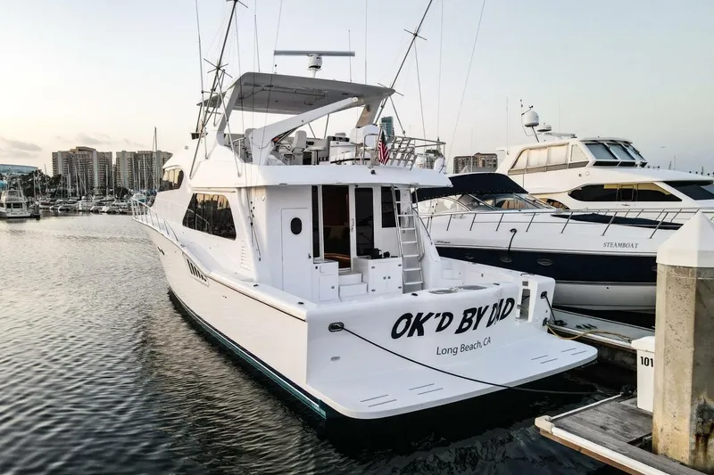 Slide: The Image of 2001 Mikelson 61 Yachtfisher docked in Long Beach marina at sunset. - 126