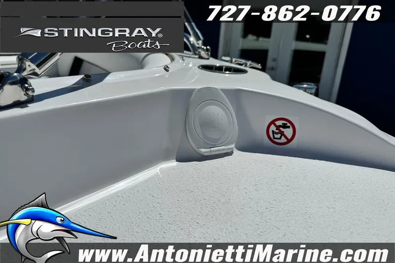 Slide: The Image of 2026 Stingray 212 SC boat detail with logo and contact information. - 10