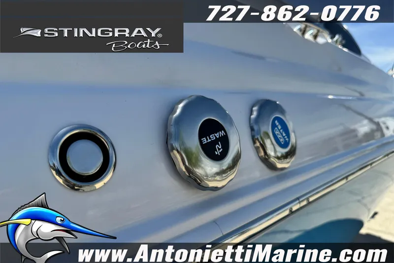 Slide: The Image of 2026 Stingray 212 SC boat with waste and water ports, Antonietti Marine branding. - 11