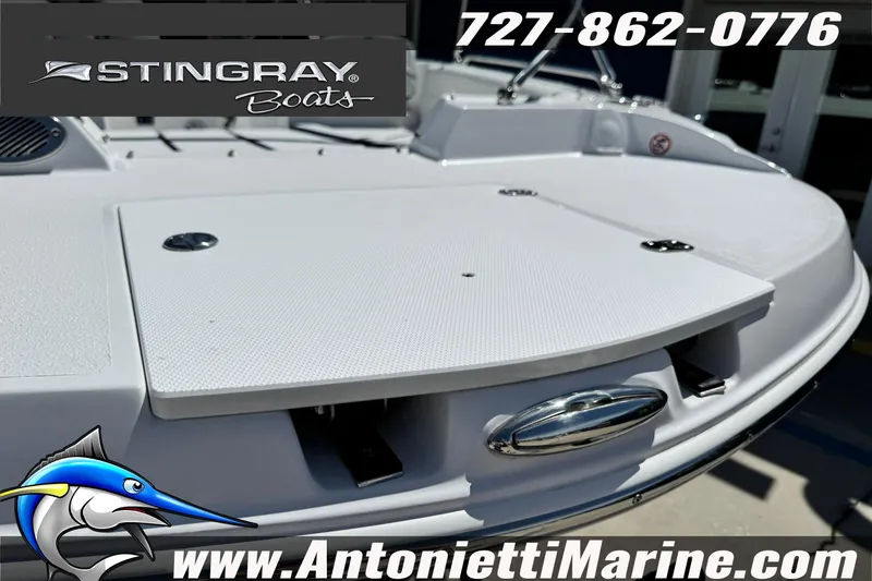 Slide: The Image of 2026 Stingray 212 SC boat deck, Antonietti Marine contact details, logo visible. - 15