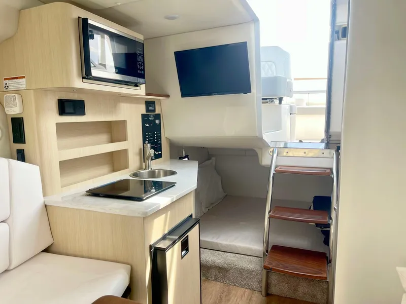 Slide: The Image of 2024 Regal 26XO boat interior with kitchenette, microwave, TV, and compact sleeping area. - 10