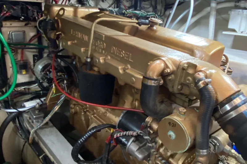 Slide: The Image of Engine room of a 1980 Grand Banks 42 Europa with a Ford diesel engine. - 19