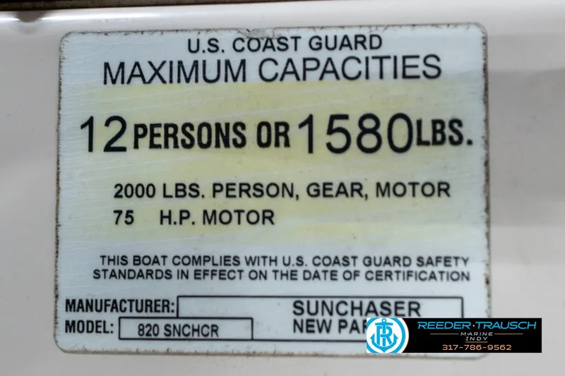 Slide: The Image of U.S. Coast Guard capacity label for SunChaser 820, 2005 model, 12 persons or 1580 lbs. - 43