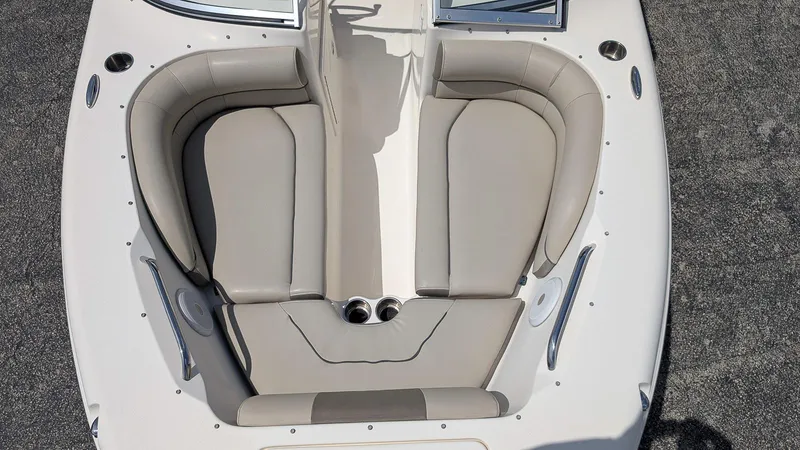 Slide: The Image of Overhead view of 2021 Key West 203 DFS boat's seating area with beige cushions. - 18