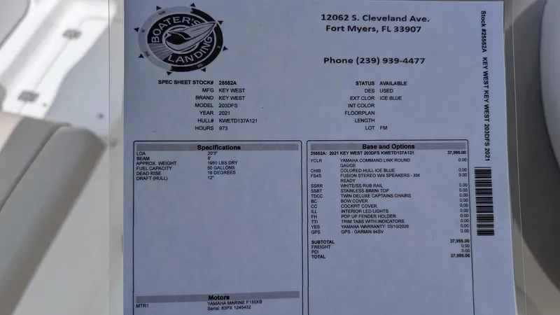 Slide: The Image of Key West 203 DFS 2021 boat spec sheet with specifications and options listed. - 20