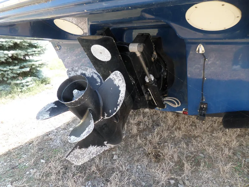 Slide: The Image of 2017 Bayliner VR6 Bowrider I/O boat propeller and stern detail. - 3