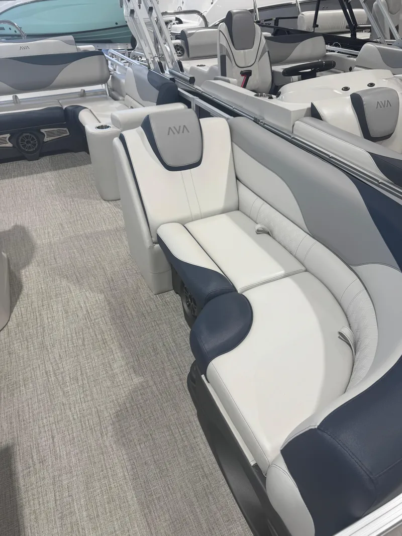 Slide: The Image of Luxurious seating in 2025 Avalon 2385 25 LSZ VRL pontoon boat interior. - 4