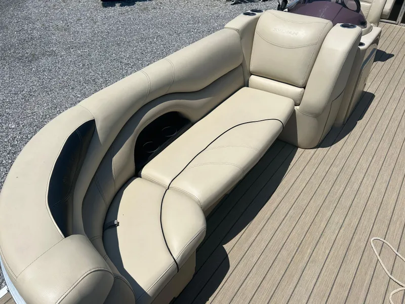 Slide: The Image of 2018 Sylvan Mirage 8522 Cruise boat with beige seating on deck. - 9