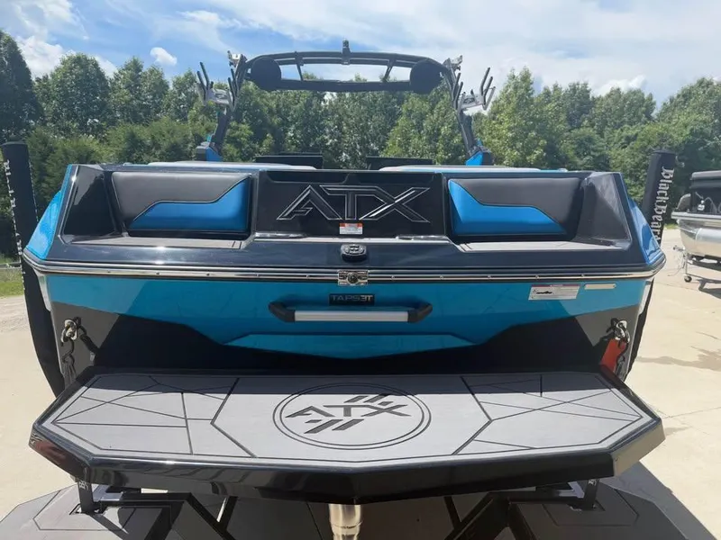 Slide: The Image of 2023 ATX Surf Boats 24 Type-S, blue and black, rear view, outdoor setting. - 5