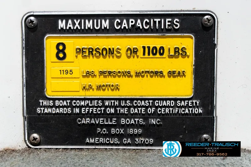 Slide: The Image of 1991 Caravelle I2300CC capacity plate: 8 persons or 1100 lbs, U.S. Coast Guard compliant. - 46