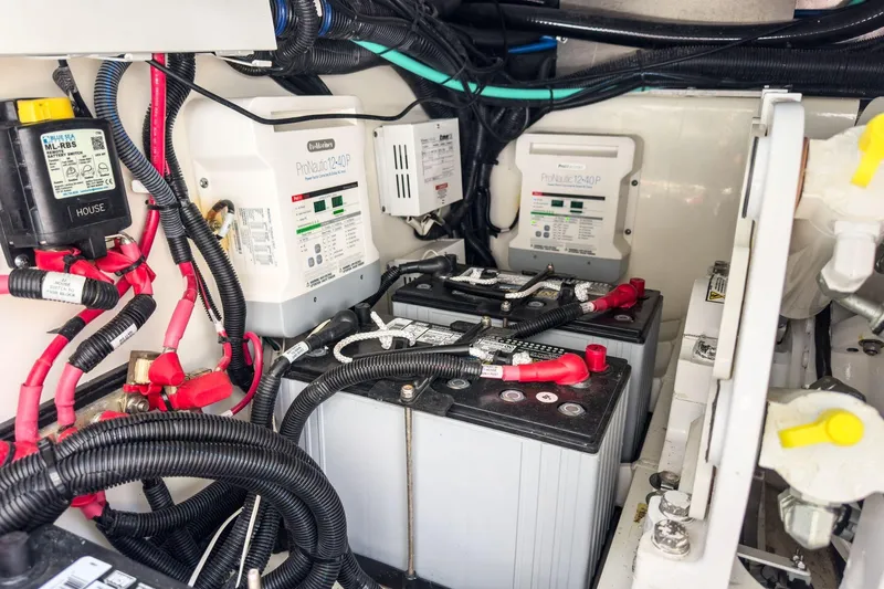 Slide: The Image of Electrical system of a 2017 Boston Whaler 42 OUTRAGE boat, featuring batteries and wiring. - 88