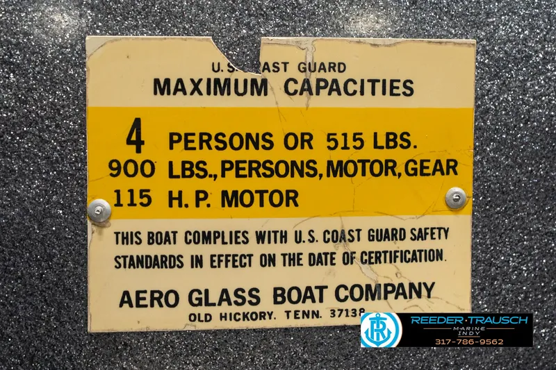 Slide: The Image of 1986 Phantom Panther boat capacity label, 4 persons or 515 lbs, 115 HP motor. - 43
