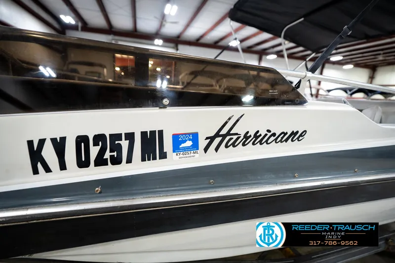 Slide: The Image of 1987 Hurricane 176 Deck Boat with KY 0257 ML registration in indoor storage. - 43