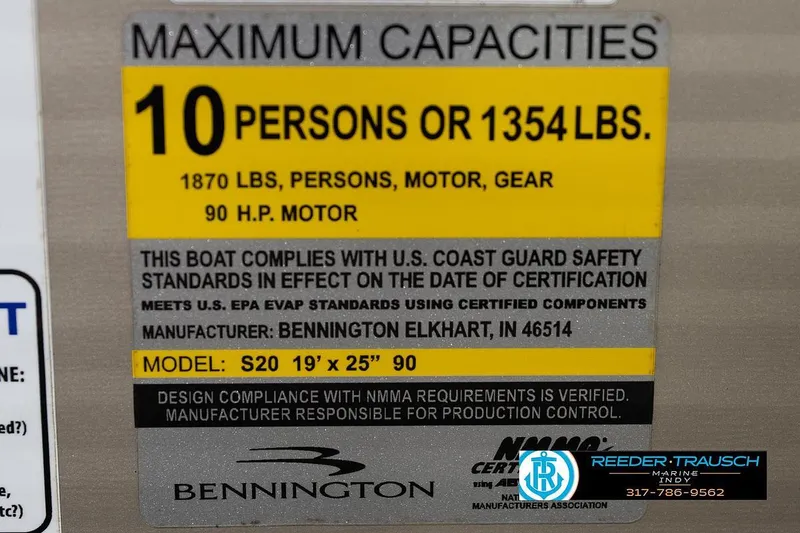 Slide: The Image of 2018 Bennington 20 SSRX capacity label: 10 persons or 1354 lbs, 90 HP motor. - 47