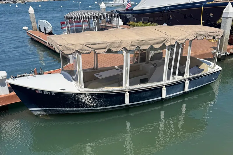 The Image of 1994 Duffy Classic 21 electric boat docked in marina with beige canopy. - 1