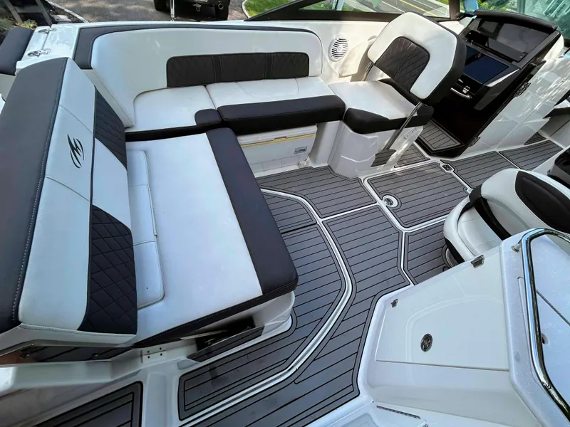 Slide: The Image of 2020 Monterey M-45 boat interior with sleek seating and modern design. - 12