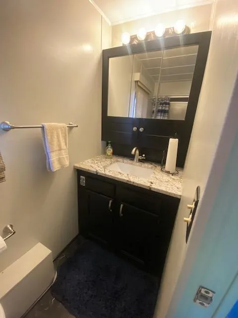Slide: The Image of Bathroom interior of 1992 Jamestowner 16x72 houseboat with modern vanity and lighting. - 19