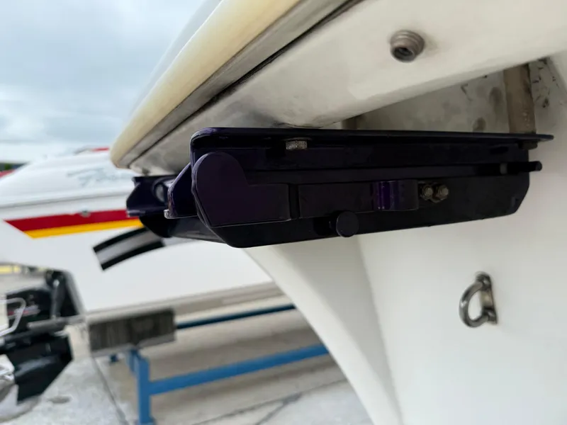 Slide: The Image of Close-up of a 2003 Sunsation 288 boat component, showcasing detailed hardware. - 13