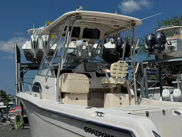 Slide: The Image of 2003 Grady-White Sailfish 282 boat with dual engines, docked under a clear blue sky. - 3