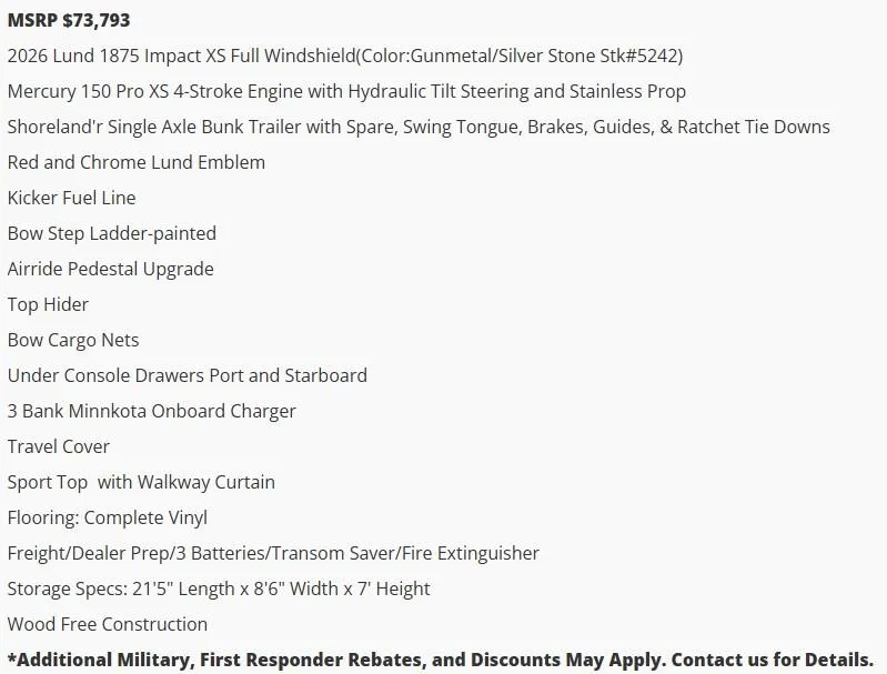 Slide: The Image of 2026 Lund 1875 Impact XS Sport boat features and pricing details. - 5