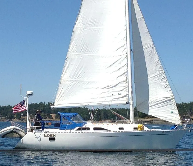 The Image of Sailing Freedom Cruising Sloop 1993 on open water, American flag waving. - 0