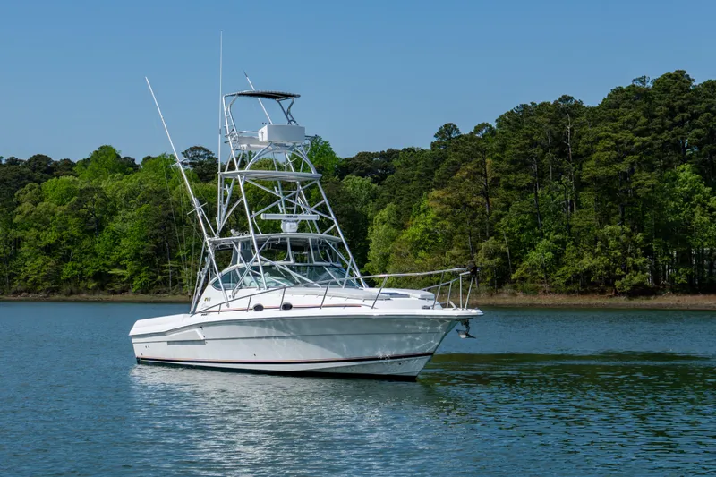 Slide: The Image of 2004 Stamas 370 Express boat on calm water with lush green forest backdrop. - 21