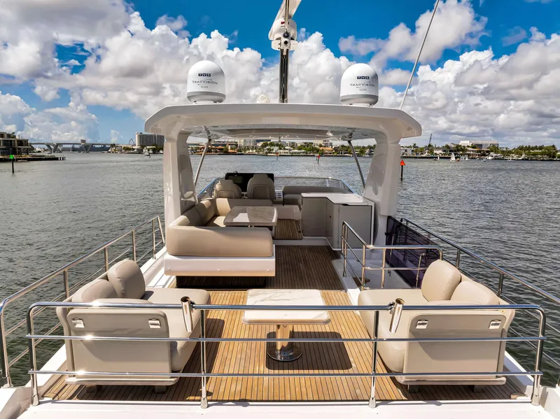 Slide: The Image of Luxurious 2022 Azimut Fly 60 yacht with spacious deck and seating, cruising on a sunny day. - 9