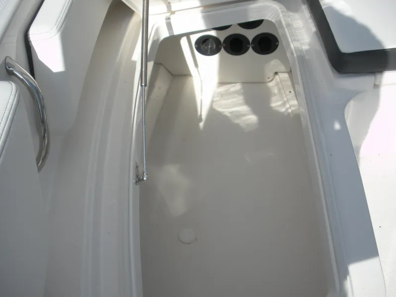 Slide: The Image of 2026 Robalo R246 Caymann boat storage compartment with stainless steel handle and hydraulic lift. - 7