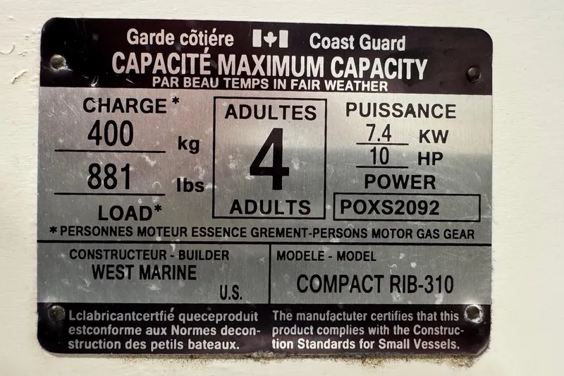 Slide: The Image of West Marine Compact Rib-310 capacity plate, 2022, 4 adults, 10 HP. - 11