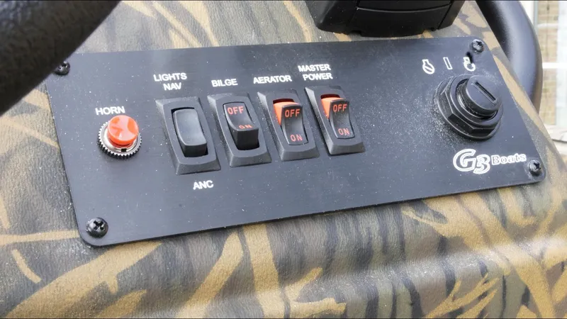 Slide: The Image of Control panel of G3 Bay 17 boat, featuring switches and a camo background. - 17