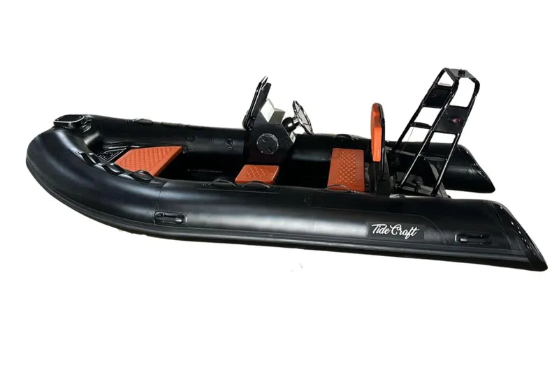 Slide: The Image of 2025 Tide Craft Custom Catalina 13 inflatable boat with black hull and orange seating. - 3