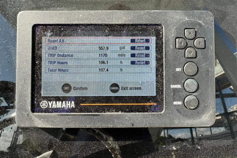 Slide: The Image of Yamaha display showing trip data on a 2021 Robalo R230 Center Console boat. - 16