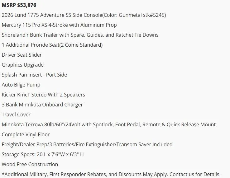 Slide: The Image of 2026 Lund 1775 Adventure SS features and pricing details, including Mercury engine and accessories. - 4