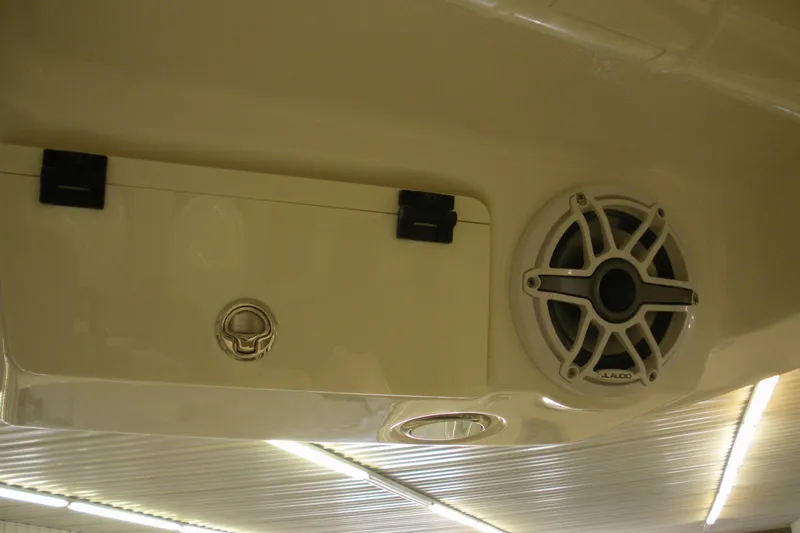 Slide: The Image of 2026 Robalo R257 Dual Console boat interior with speaker and storage compartment. - 6