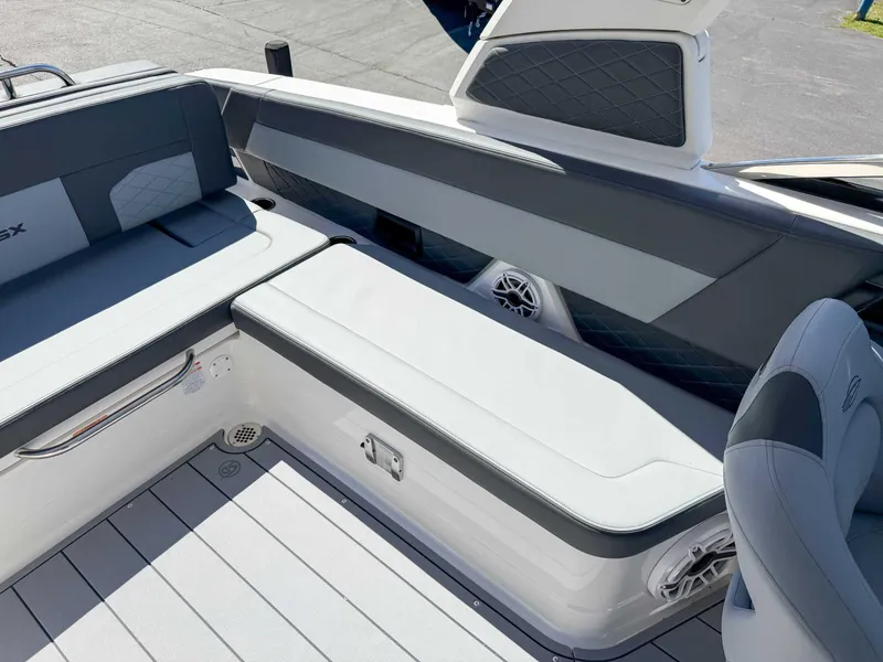 Slide: The Image of 2025 Chaparral 2870 SSX boat interior with sleek seating and modern design. - 22