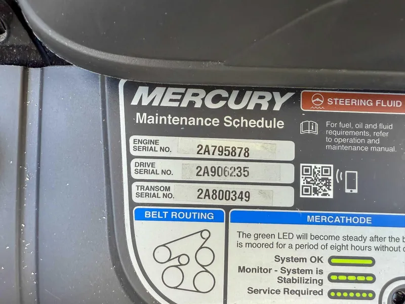 Slide: The Image of Mercury maintenance schedule label with serial numbers for Chaparral 2870 SSX 2025 boat. - 24