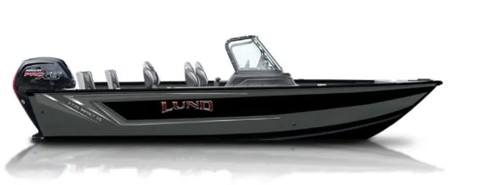 Slide: The Image of 2026 Lund 1775 Impact XS Sport boat, sleek design, black and gray exterior. - 26