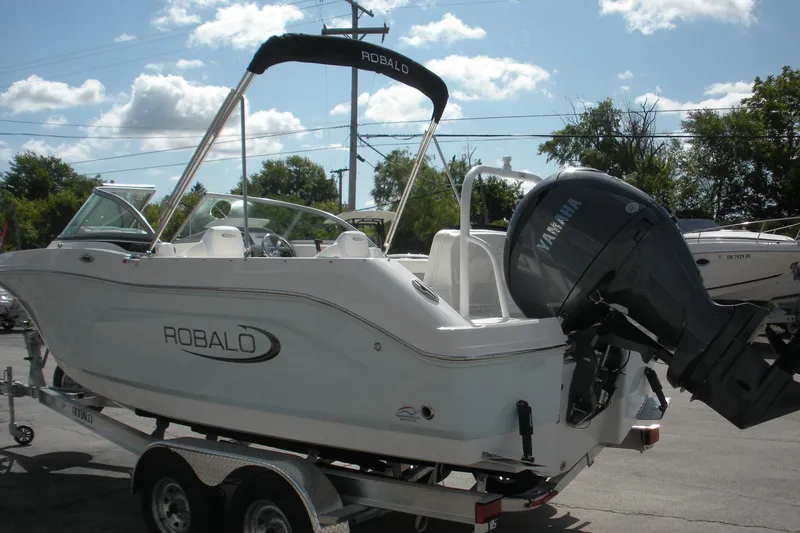 Slide: The Image of 2026 Robalo R207 Dual Console boat with Yamaha engine on trailer. - 23