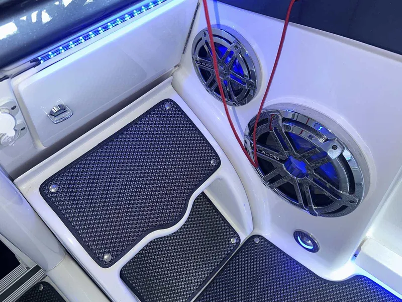 Slide: The Image of 2017 Formula 353 FASTech boat interior with speakers and blue LED lighting. - 28