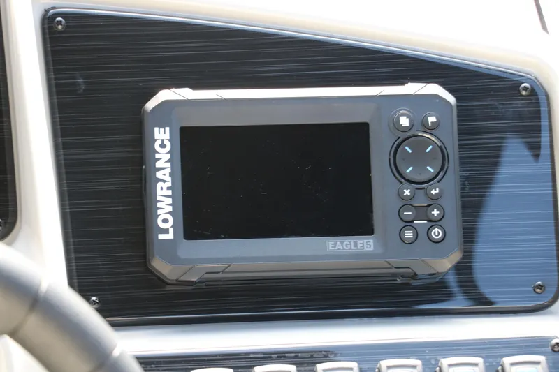Slide: The Image of Lowrance Eagle5 fishfinder on 2026 Sylvan Mirage Cruise 8520 CLZ DH dashboard. - 22