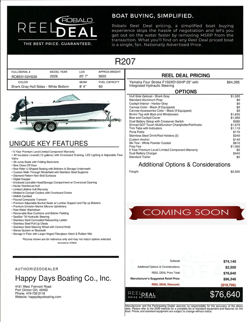 The Image of 2026 Robalo R207 Dual Console boat on trailer at Happy Days Boating Co. - 0